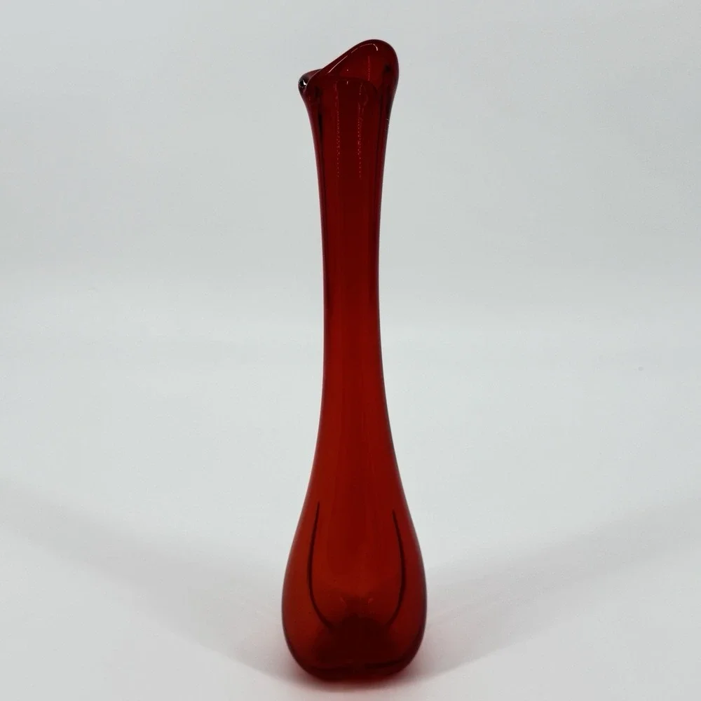 Vintage Red Orange Art Glass Vase Hand Blown Sculptural Flared Rim 12